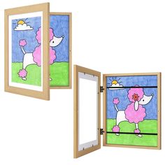 an open door with a drawing of a poodle on the front and side of it