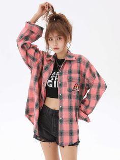 Pink Button Up Plaid Shirt | Jeongin - Stray Kids Pink S Casual Collared Tops For College, Collared Tops For College In Spring, Casual Pink Cotton Flannel Shirt, Pink Casual Winter Shirt, Cotton Button-up Tops With Letter Print, Casual Pink Button-up Flannel Shirt, Relaxed Fit Long Sleeve College Shirt, Relaxed Fit Long Sleeve Shirt For College, College Long Sleeve Relaxed Fit Shirt