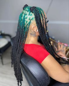 Green And Black Soft Locs, Joker Hair, Dyed Locs Green, Dyed Locs Black Women, Blue And Green Locs, Ghost Roots