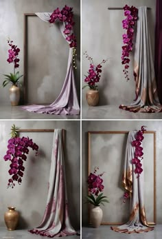 four different shots of purple flowers in vases and draping on the wall