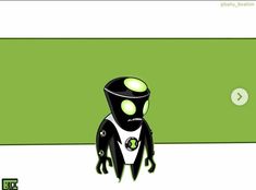 a green and black robot standing in front of a green wall with an arrow pointing to it