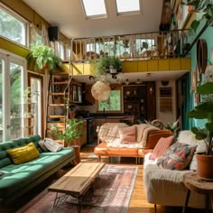 a living room filled with lots of furniture and plants on the wall next to windows