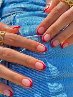 Red French Tip Almond Nails Short, Oval Nails With Red Tips, Nail Ideas Red Tips, Dipped Tip Nails, Neutral Nails With Red Design, Red Nails With Tips, Base Color For French Manicure, Red French Tip Nails Natural, Red Tip Gel Nails French Manicures