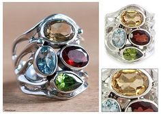 Citrine and garnet cocktail ring, 'Splendid Colors' - Handcrafted Sterling Silver Multigem Cocktail Ring Novica Jewelry, Birthstone Band, Colorful Rings, Mothers Ring, Flexible Bracelet, Evening Dinner, Gold Ring Designs, Silver Jewelry Design, Ring Ideas