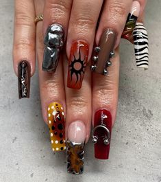 Easy Dark Nail Designs, Alternative Fall Nails, Long Square Nails Designs Ideas, Alt Fall Nails, Fall Nails Maximalist, Junkyard Nails, Long Fall Nails 2024, Boho Nails, Long Square Nails