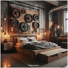 a bedroom with lots of clocks on the wall