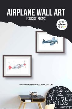 the airplane wall art for kids rooms is displayed in front of a black and white chair