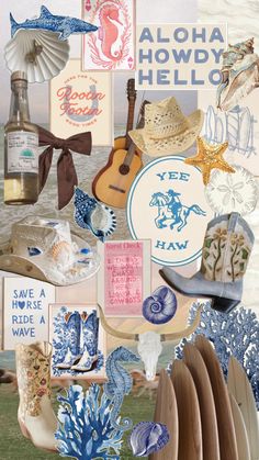 a collage of various items including shoes, hats and other things in blue and white