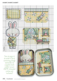 a cross stitch pattern with an image of a rabbit in a kitchen and other items