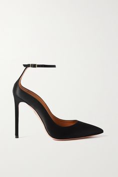 The pointed toe and sculpted sides of Aquazzura's Love Affair pumps make for an instantly recognizable silhouette. Poised on a slim stiletto heel, this iteration of the classic style is crafted from black satin. Slip yours on to instantly elevate a little black dress. Black Satin Heels, Aquazzura Shoes, Satin Noir, Classic Heels, Satin Heels, Satin Pumps, Ankle Strap Pumps, Shoes Heels Pumps, Suede Pumps