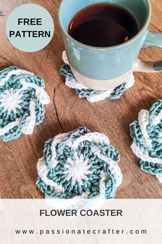 crocheted coasters with coffee cup and saucer next to them