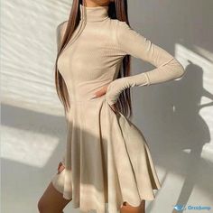 Orcajump - Knitted High Neck Solid Color Slim Fit Short Skirt Long Sleeve Dress Skirt Long, Khaki Dress, Slim Fit Shorts, Short Skirt, Types Of Skirts, Types Of Collars, Workout Shorts, Long Skirt, Sleeve Dress