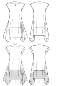 the front, back and side views of a women's dress with three different layers