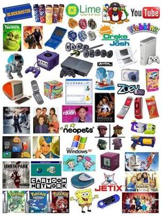 the collage shows many different types of electronic gadgets and devices, including video games