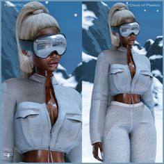 two images of a woman wearing goggles in front of snow covered mountains and rocks