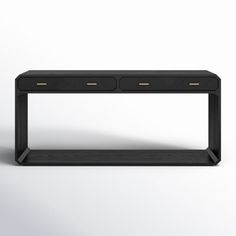 a black console table with two drawers on one side and gold handles on the other