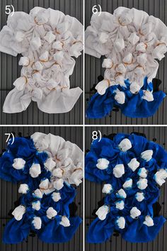 four pictures showing how to make a flower arrangement with tissue paper and cotton balls in it