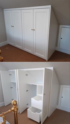 Loft furniture Master Closet Laundry, Loft Shelves, Slanted Roof Bedroom, Room Decor Closet, Master Closet Ideas, Laundry Room Closet Ideas, Patio Ceiling, Slanted Roof, Attic Bedroom Storage