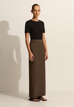 A menswear-inspired full-length skirt, with a relaxed fit and tailored waist band. Made from a lightweight wool blend suiting, finished with side pockets and a fly-front zip, and back vent. Combine with our Relaxed Tailored Waistcoat for a masculine/feminine approach. Classic A-line Maxi Skirt With Relaxed Fit, Chic Non-stretch Maxi Skirt With Pockets, Relaxed A-line Maxi Skirt With Pockets, Relaxed-fit Cotton Maxi Skirt, Chic Cotton Non-stretch Maxi Skirt, Plunge Top, Tailored Skirt, Masculine Feminine, Full Length Skirts