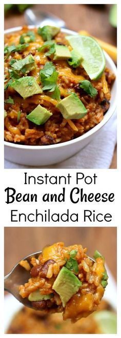 instant pot bean and cheese enchilada rice with avocado on top