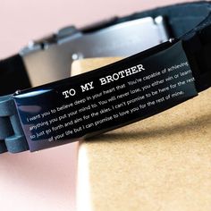 Meaningful black engraved stainless steel bracelet for Brother. This is a special gift for Brother, who can take it wherever they go. This lovely message-engraved bracelet is perfect for husbands, sons, or boyfriends. Durable and fashionable, this makes for the perfect fashion accessory. Product Features - Handmade Engraved Bracelet for Brother. - It's an ideal gift idea for many occasions, such as Valentine's Day, Fathers' Day, Thanksgiving, Christmas, birthdays, or anniversaries. - This bracel Engraved Black Name Bracelet For Gift, Black Engraved Name Bracelet For Personalized Gift, Black Engraved Name Bracelet For Gift, Personalized Engraved Black Name Bracelet, Black Bracelets With Engraving Option For Personalized Gift, Black Bracelets With Engraving Option For Gift, Customizable Black Name Bracelet For Father's Day, Personalized Black Stainless Steel Name Bracelet, Black Stainless Steel Friendship Bracelets