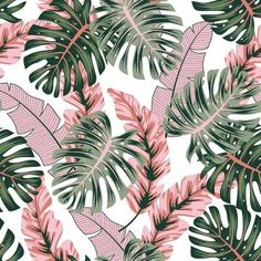 pink and green tropical leaves on a white background seamless wallpaper pattern with palm leaves