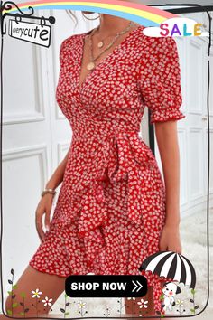 V-neck Sexy Short-sleeved Floral Dress Short Sleeve Floral Dress, Women's Fashion Dresses, Black Blue, Floral Dress, Fashion Dresses, Shop Now, V Neck, Floral, Red