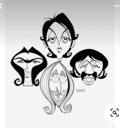 an image of three women with faces drawn in black and white on a sheet of paper