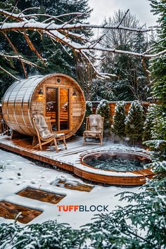 winter sauna in yard with spa and deck with deck chairs, Snow covers the yard with a path leading to the sauna. Hot Tub Sauna Combo, Sauna And Hot Tub Outdoor, Sauna Hot Tub Combo Outdoor, Backyard Sauna And Plunge Pool, Saunas Outdoor, Deck Blocks, Garden Sauna, Spa Deck, Sauna Outdoor