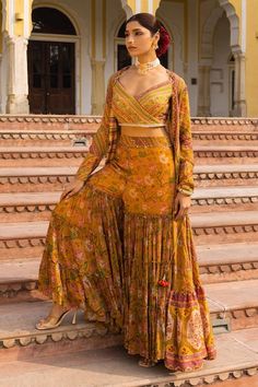 Buy Yellow Georgette Printed Floral V Neck And Chintz Cape Sharara Set For Women by Sandhya Shah Online at Aza Fashions. Sequin Sharara, Cape Sharara, Chintz Print, Floral Chintz, Sangeet Outfit, Haldi Outfit, Overall Outfit, Padded Blouse, Trendy Dress Outfits