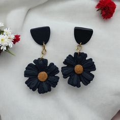 Fall Collection| Black and Brown Flower 18k Plated Studs Handcrafted From Non-toxic Polymer Clay Black Flower Earrings As Gift, Handmade Black Drop Earrings, Black Flower Drop Earrings For Gift, Dark Polymer Clay Earrings, Elegant Black Polymer Clay Jewelry, Brown Flower Earrings, Black Polymer Clay Jewelry With Matching Earrings, Black Flower Shaped Earrings For Gift, Handmade Adjustable Black Flower Earrings