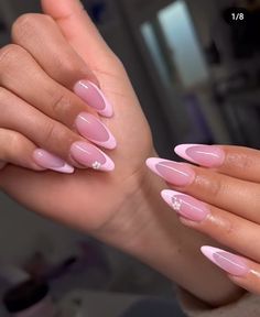 Birthday Nails 2024, Light Pink Almond Nails Design, Pink Almond French Nails, Pink French Almond Nails, Minimalist Nails Fall, Almond Pink French Tip Nails, Pink French Tip Nails With Design, Gel X Almond Nails, Pink On Pink French Nails