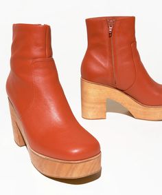 Paz Clog Boot, Sienna Red – Charlotte Stone Charlotte Stone, Leather Clog, Boots Square Toe, Clog Boots, 70s Style, Wooden Heel, 90s Style, Leather Clogs, 4 Inch Heels