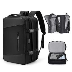 an image of a black backpack with its contents in the back and side pockets open