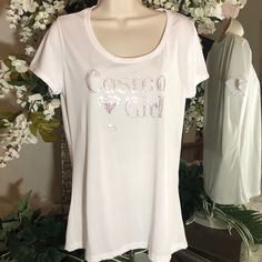 Cosmo Girl Sparkles On This Scoop Neck T-Shirt With Rhinestone Design In Pink And Silver. Excellent Condition. Never Worn. Fiber Content: 100% Polyester Care: Machine Washable Fitted Rhinestone Crew Neck T-shirt, Fitted Crew Neck T-shirt With Rhinestones, Cotton Rhinestone Short Sleeve Top, Rhinestone Cotton Tops With Short Sleeves, Cotton Short Sleeve Top With Rhinestones, Cotton Tops With Rhinestones And Short Sleeves, Rhinestone Graphic Tee With Crew Neck, Summer Rhinestone Short Sleeve Tops, Summer Short Sleeve Tops With Rhinestones