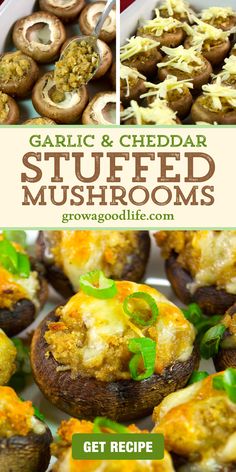 garlic and cheddar stuffed mushrooms with text overlay