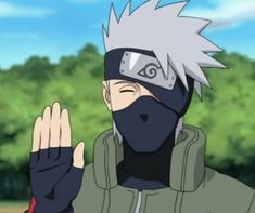 an anime character wearing a mask and holding his hand up to the side with both hands