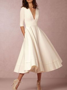 Women Deep V Neck 3/4 Sleeve Paneled Solid Elegant Swing Prom Dress Long Gown Elegant, Pretty Formal Dresses, A Line Evening Dress, Satin Short, Tea Length Wedding Dress, Half Sleeve Dresses, Solid Color Dress, Tea Length Dresses, Evening Dresses Elegant