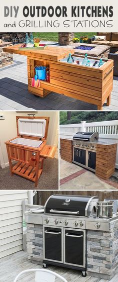 an outdoor kitchen made out of pallets and grilling stations is featured in this article