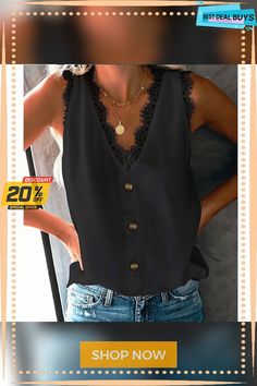 Women's Tank Top Black White Plain Button Lace Trims Sleeveless Casual Basic V Neck Regular S Casual Black Tank Top With Button Closure, Black Buttoned Summer Vest, Black Buttoned Vest For Summer, Black Casual Buttoned Tank Top, Casual Black Buttoned Tank Top, Black V-neck Vest With Button Closure, Black Summer Tank Top With Button Closure, Sleeveless Tank Top With Button Closure, Black Sleeveless Tank Top With Button Closure