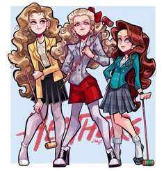 three cartoon girls standing next to each other and one holding a golf club in her hand