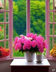 pink flowers are in a white vase on a table near two windows with open panes