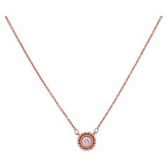 Add a dainty diamond daisy in rose gold to the neck of a loved one. This beautiful petite pendant has a sparklingly bright diamond made to flatter your favorite person in rose gold! The flower-like frame is accented by a fine milgrain texture along the edge of the strong and sturdy bezel that securely holds this bright diamond! Diamond is the April birthstone and this could make a perfect gift for your petite April loved one. This looks lovely worn alone or layered with other favorite chains and Delicate Rose Gold Round Diamond Necklace, Rose Gold Necklaces With Single Cut Diamonds Flower Pendant, Formal Rose Gold Diamond Necklace With Bezel Setting, Round Rose Gold Necklace With Rose Cut Diamonds, Elegant Rose Gold Necklace With Bezel Setting, Rose Gold Diamond Necklace With Rose Cut Diamonds, Rose Gold Diamond Necklace With Rose Cut, Elegant Rose Gold Necklaces With Bezel Setting, Daisy Necklace