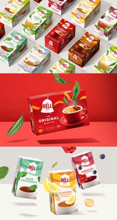 the packaging design for deli teas is shown in three different colors and sizes