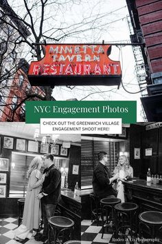 an old photo of two people sitting at a bar in front of a sign that says nyc engagement photos