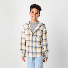 Made from 100% cotton, he'll feel comfortable and look cool in this Thereabouts little and big boys button-down flannel shirt. It's cut for a regular-fit and features a hood, long cuffed sleeves, and a chest slip pocket. Team it with jeans and sneakers for casual days.Features: HoodedClosure Type: ButtonFit: Regular FitNeckline: Hooded NeckPockets: 1 Chest Slip PocketSleeve Length: Long SleeveSleeve Style: Cuffed SleeveApparel Length: 25.12 Inches - FrontFiber Content: 100% CottonFabric Descript Kids Flannel, Flannel Shirts, Long Sleeve Flannel, Big Boys, Cuff Sleeves, Look Cool, Flannel Shirt, Kids Boys, Shirts Tops