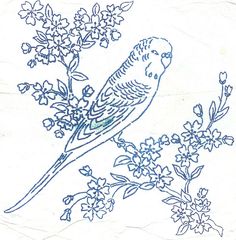 a drawing of a bird sitting on a branch with flowers