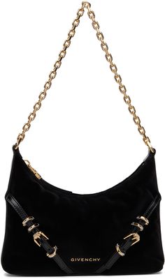 Cotton velvet shoulder bag in black. · Patent leather trim throughout · Chain link shoulder strap · Pin-buckle straps with crystal-cut hardware at face · Logo hardware at face · Zip closure · Logo-woven twill lining · Logo-engraved gold-tone hardware · H5.25 x W9.5 x D2.5 Supplier color: Black Givenchy Bag Aesthetic, Gold Chain Bag, Givenchy Clothing, Givenchy Bag, Devil Wears Prada, Face Logo, Gold Bag, Handbag Heaven, Bags Aesthetic