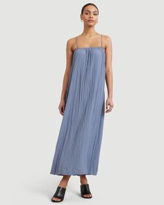 Solange Crinkled Maxi Dress Dusk Blue, Maxi Dress Navy, Day Of The Week, Heeled Sandals, Lay Flat, Size Guide, Night Out, Sandals Heels, Maxi Dress