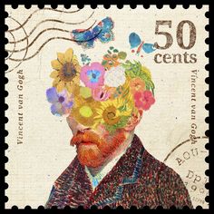 a postage stamp with an image of a man wearing flowers in his hair